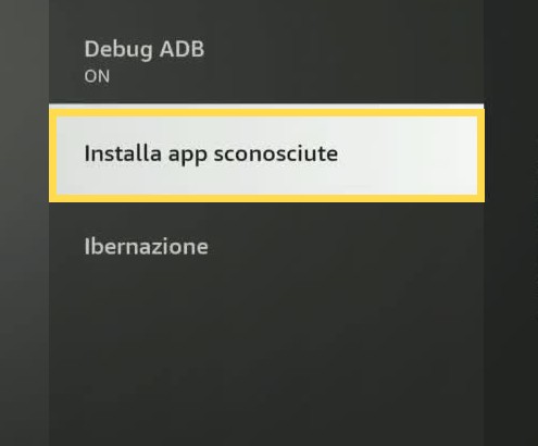Apri Installa app sconosciute — area da selezionare evidenziata in giallo.